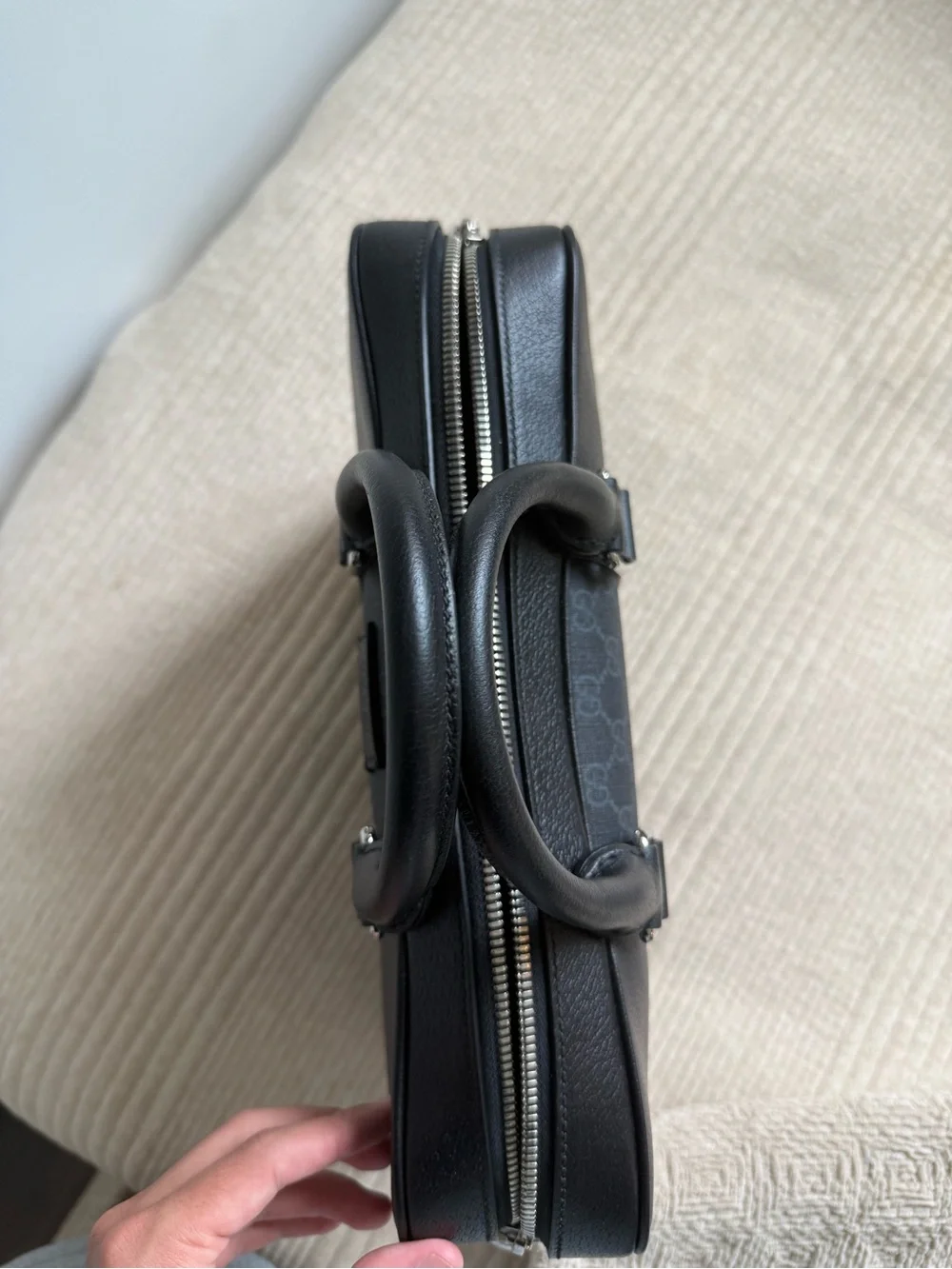 Gucci Black and Gray Men's Leather Briefcase with Signature GG Panel